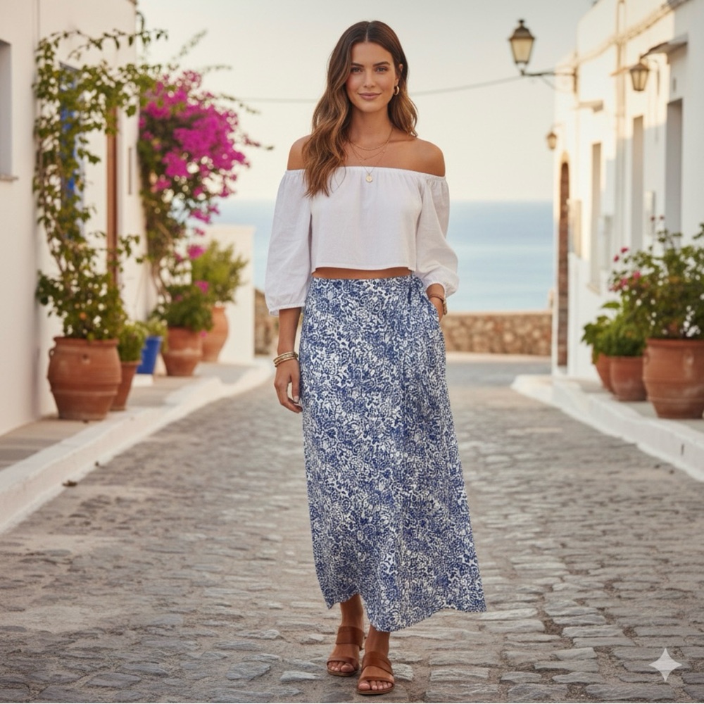 Cynthia Rowley Blue and White Long Wrap Skirt | Size: S